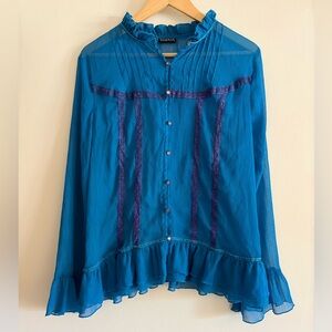 Vintage Teal Blue Sheer Ruffle Blouse Victorian Cottagecore Fairycore Whimsical